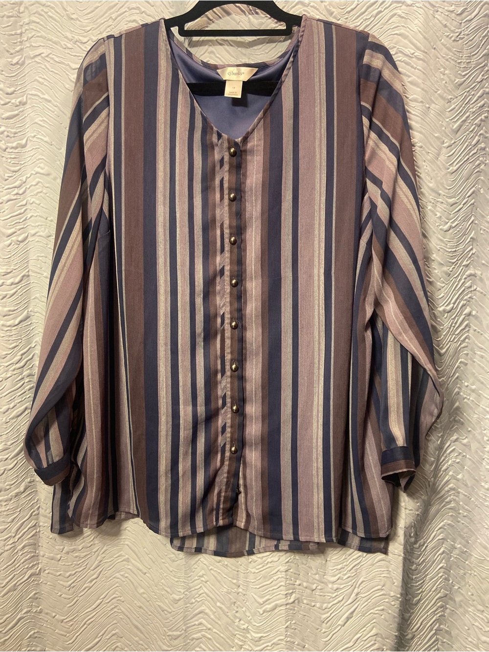 CJ Banks Striped Button-Front Blouse in Blue and Taupe